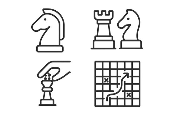 Chess Strategy Concept Icons Set. Linear Vector Illustrations of Knight, Rook, Chess Pieces, Hand Moving Piece, Game Plan Grid. Modern Outline Style for Web, App, Business, Education, Editable