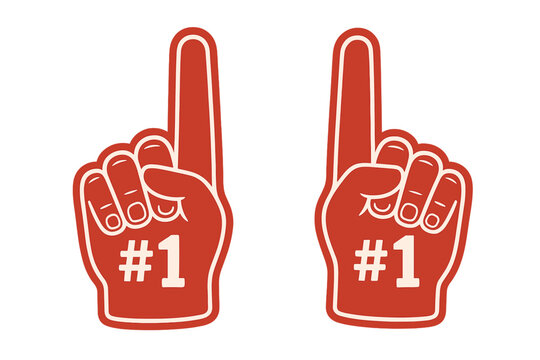 Set of two red foam fingers with number one sign. Fan merchandise for supporting a sports team. Symbol of being a winner, champion, and first place. Vector illustration.