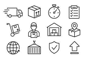 Logistics and delivery service line icon set. Cargo transportation, global shipping, package tracking vector icons. Warehouse, fast delivery truck, courier and box signs.