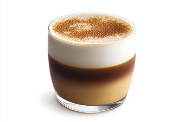 A beautifully layered latte macchiato in a clear glass, topped with frothed milk foam and a dusting of cinnamon powder.