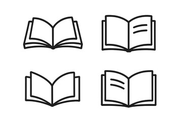 Open Book Icon Set, Four Minimalist Vector Illustrations, Black Outline, Opened Book Symbol, Reading, Education, Library, Transparent Background, Editable, Modern Design, Isolated Clipart