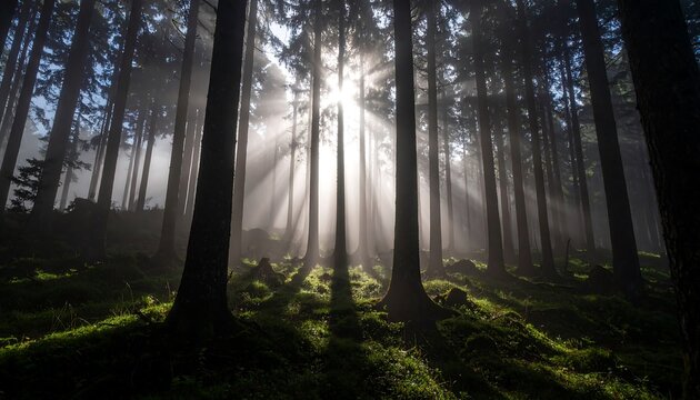 Sunlight streams through a misty forest - Powered by Adobe
