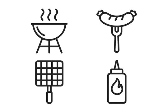 Barbecue Grill Line Icons Set. Vector Outline BBQ, Sausage on Fork, Grilling Grid, Sauce Bottle. Modern Minimalist Barbecue Tools and Food Symbols for Web, App, Summer Picnic, Outdoor Cooking