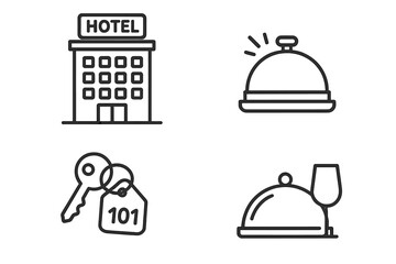 Hotel Service Line Icons Set. Modern Linear Vector Illustrations of Hotel Building, Reception Bell, Room Key, Room Service Tray, Hospitality Symbols for Web, App, Booking, Travel, Editable Stroke