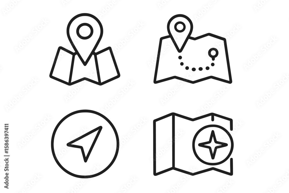Poster navigation and map location icons set. linear outline vector symbols for gps, route planning, travel
