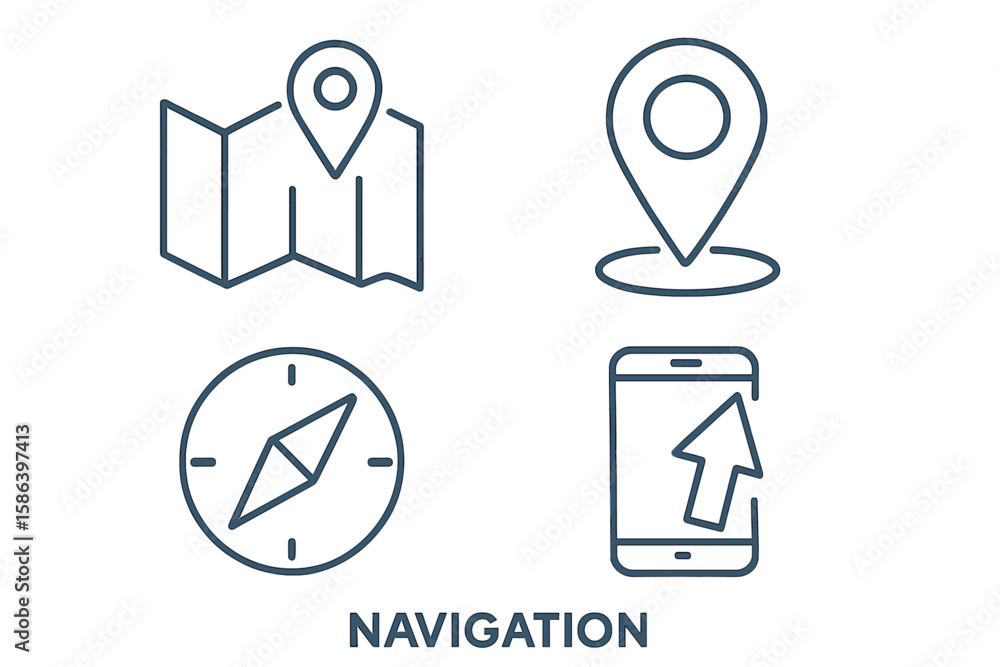 Poster navigation and location concept icons set. linear outline vector illustrations of map, gps pin, comp