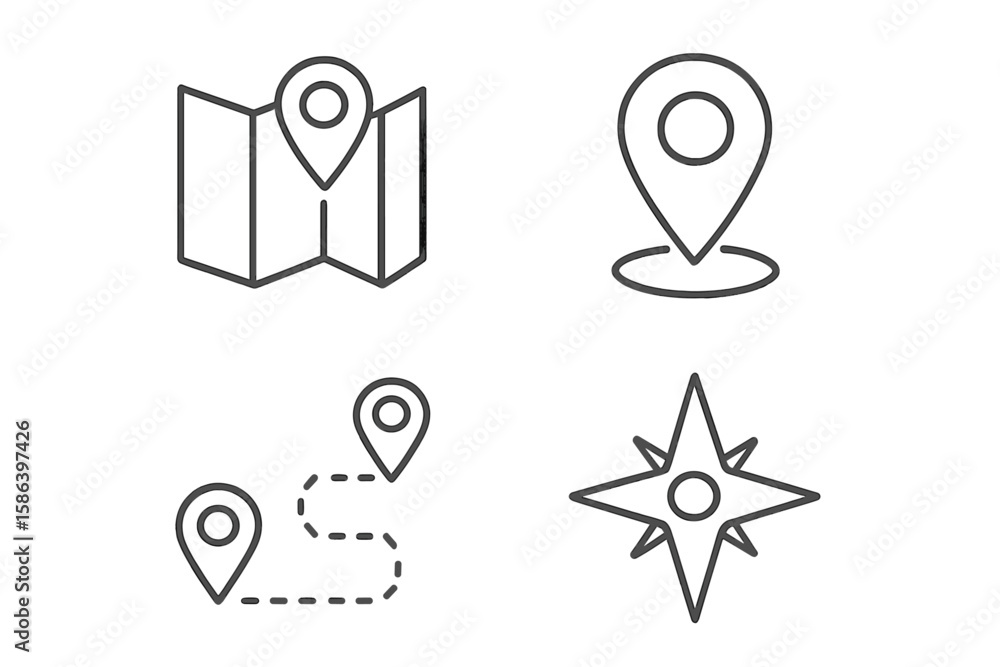 Poster navigation and location vector icons set. linear style map, pin, route, and compass symbols for web,