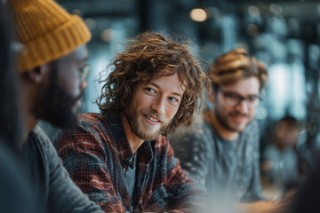 Diverse team collaborates in modern office discussing innovative ideas