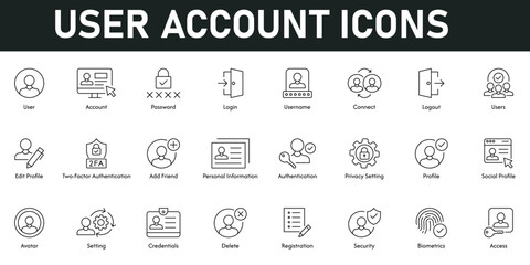 User Account Icons vector illustration with thin line editable stroke containing account, password, login, username, profile, authentication, information, privacy setting, registration, biometrics