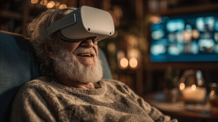 Elderly man enjoys virtual reality in cozy living room atmosphere