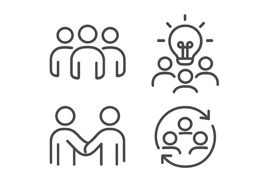 Teamwork and Collaboration Concept Icons Set. Linear Style Vector Illustrations for Web, Apps, Business, Communication, Partnership, Brainstorming, Groupwork, Leadership, Networking, Human Resources