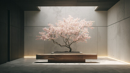 Minimalist Japanese Interior with Blooming Cherry Blossom Tree in Zen Space