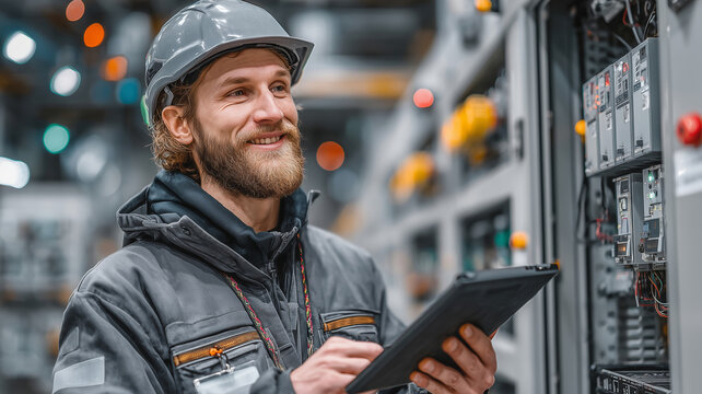 Engineer accessing secured control panel while reviewing data on tablet device