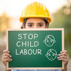 Child wearing hard hat holds sign to stop child labor
