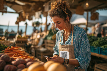 Latin American woman engaged in mobile payment process at local market