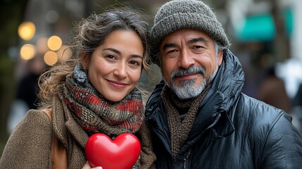 A smiling couple, possibly father and daughter, hold a red heart outdoors.  They wear warm winter clothing