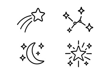Shooting star, constellation, crescent moon, sparkling star burst. Thin line vector icon set. Astronomy, night sky, celestial symbols, minimalist outline pictograms collection