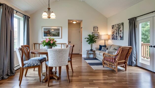 Cozy dining area with wooden furniture and light decor in bright room - Concept of inheritance  