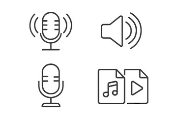 Podcast icon set for broadcast and streaming. Microphone for recording audio and voice. Sound and volume symbol. Music and video file sign for media player interface.