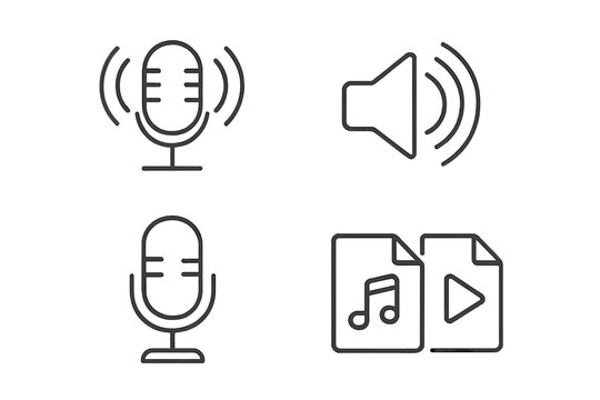 Podcast icon set for broadcast and streaming. Microphone for recording audio and voice. Sound and volume symbol. Music and video file sign for media player interface.
