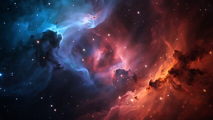 Vibrant Nebula Displaying Stunning Blues and Reds Across the Cosmos, A Deep Space Tapestry of Cosmic Dust and Celestial Splendor