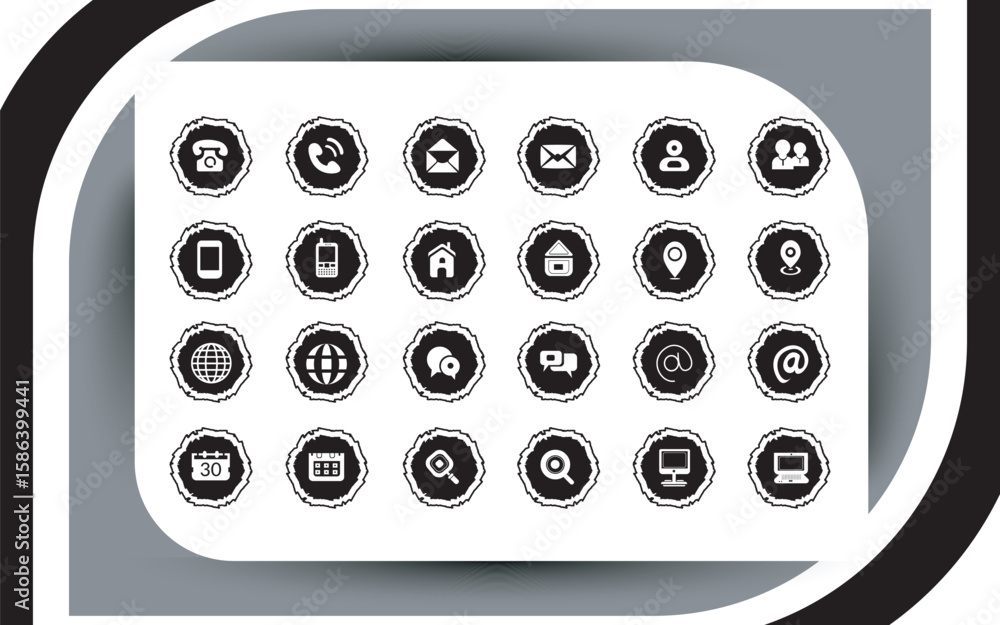 Poster stylized black and white contact information icons on a modern presentation design displaying variou