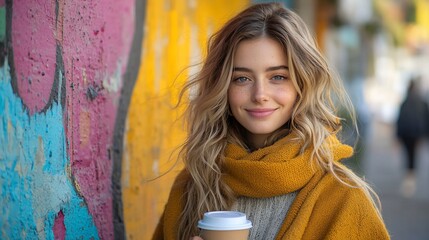 A young woman smiles gently, holding a coffee cup, standing against a colorful urban wall.  She's wearing a mustard-yellow scarf