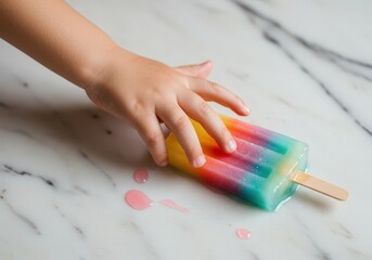 Child's hand reaching for melting rainbow popsicle on marble surface