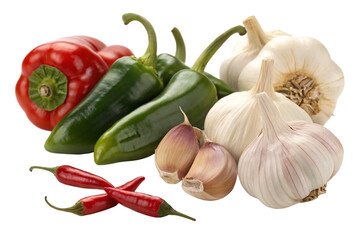 Set of garlic and peppers, chilli isolated on white