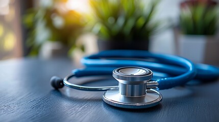 Blue stethoscope rests on dark surface, near plants, sunlight.  Medical healthcare concept