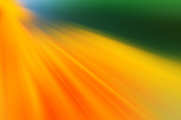 Abstract image with bright orange and yellow rays from corner on dark green background