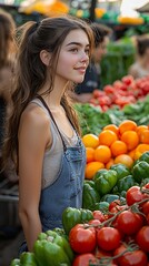 A young woman smiles, standing amidst vibrant produce at a bustling market