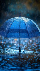 Blue umbrella under heavy rain, water droplets