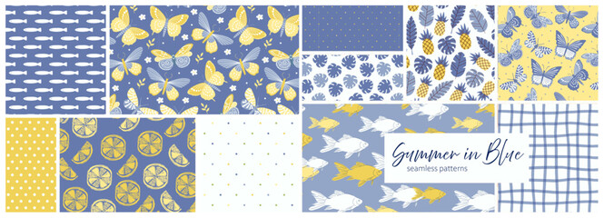Collection of seamless summer patterns featuring butterflies, fish, lemons, pineapples, and leaves in soft blue, yellow, and white colors. Perfect for textile, wrapping paper, and scrapbooking.