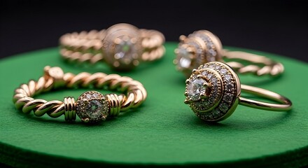 Fototapeta premium Rings with Gemstones on Green Surface in Soft Lighting