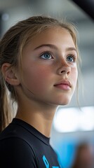 Close-up portrait of a young girl with light brown hair and blue eyes, looking thoughtfully upward.  Soft focus background