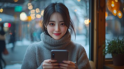 A young woman smiles warmly while using her phone in a cozy cafe setting, the snowy street visible through the window