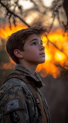 Boy in camouflage gazing at sunset. Serene, hopeful expression.  Golden hour light