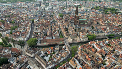 Panoramic aerial of the old town and the cathedral of the city Strasbourg in France on a sunny afternoon in summer