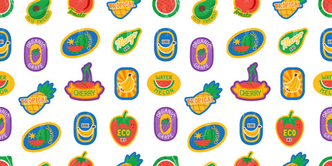 Seamless pattern with retro-style fruit labels featuring bananas, mangoes, cherries, grapes, watermelons, and more. Perfect for scrapbooking, packaging, stickers, and creative food-themed projects.
