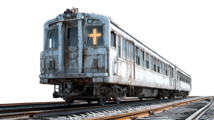 Dilapidated Subway Car with Glowing Cross Symbol on Transparent Background Transportation Concept