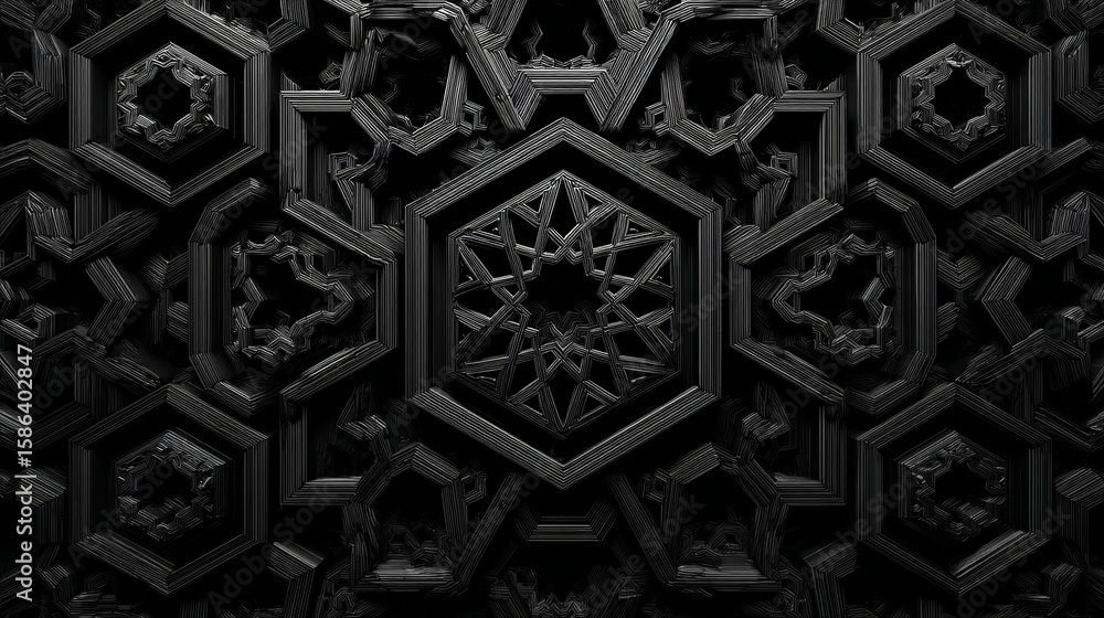 Poster geometric marvel in charcoal: a mesmerizing deep black pattern with intricate symmetrical lines crea