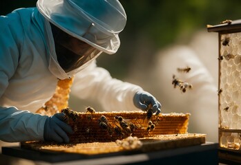 Beekeeper checking honeycomb frame and the bees