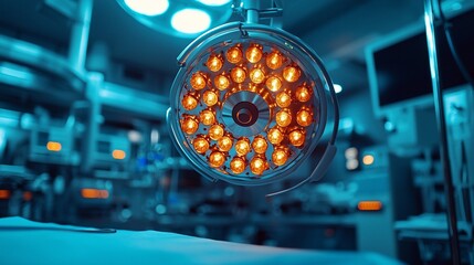 Bright surgical lamp illuminates operating room;  medical equipment blurred in background