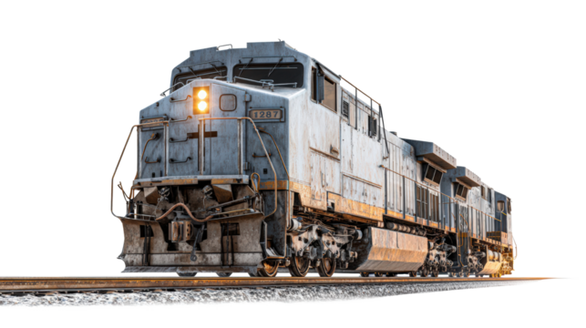 Grungy Diesel Electric Locomotive on Transparent Background Transportation and Commerce