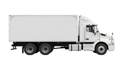 A white semitruck with a box trailer isolated on a transparent background