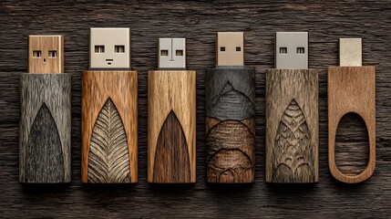 Rustic wooden usb drives with accessories on wood backdrop  
