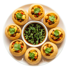A plate of delicious indian pani puri snacks with a dipping sauce, isolated on a transparent background