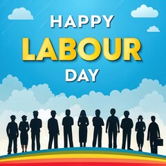 Happy labour day celebration with diverse workers under a blue sky