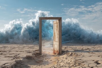 Mysterious door leads to crashing waves on a barren landscape during daylight hours